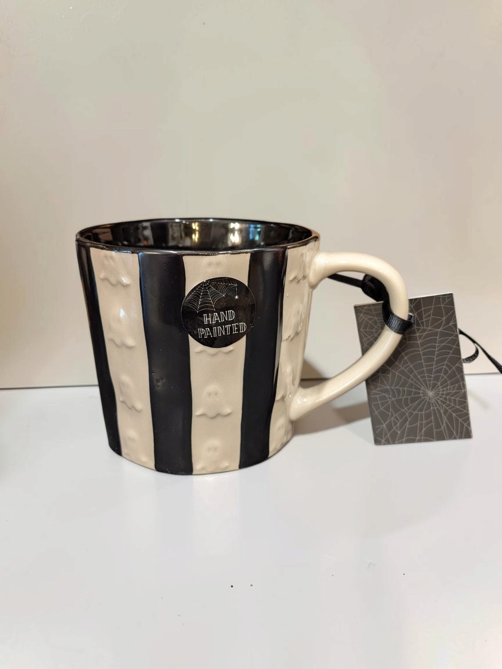 Cobwebs & Cauldrons Ghost Striped Mug Halloween Coffee Cup Embossed NWT